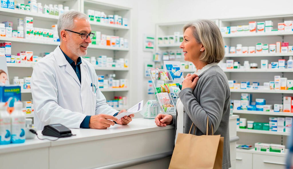 pharmacist and woman at pharmacy counter for medicine, prescript